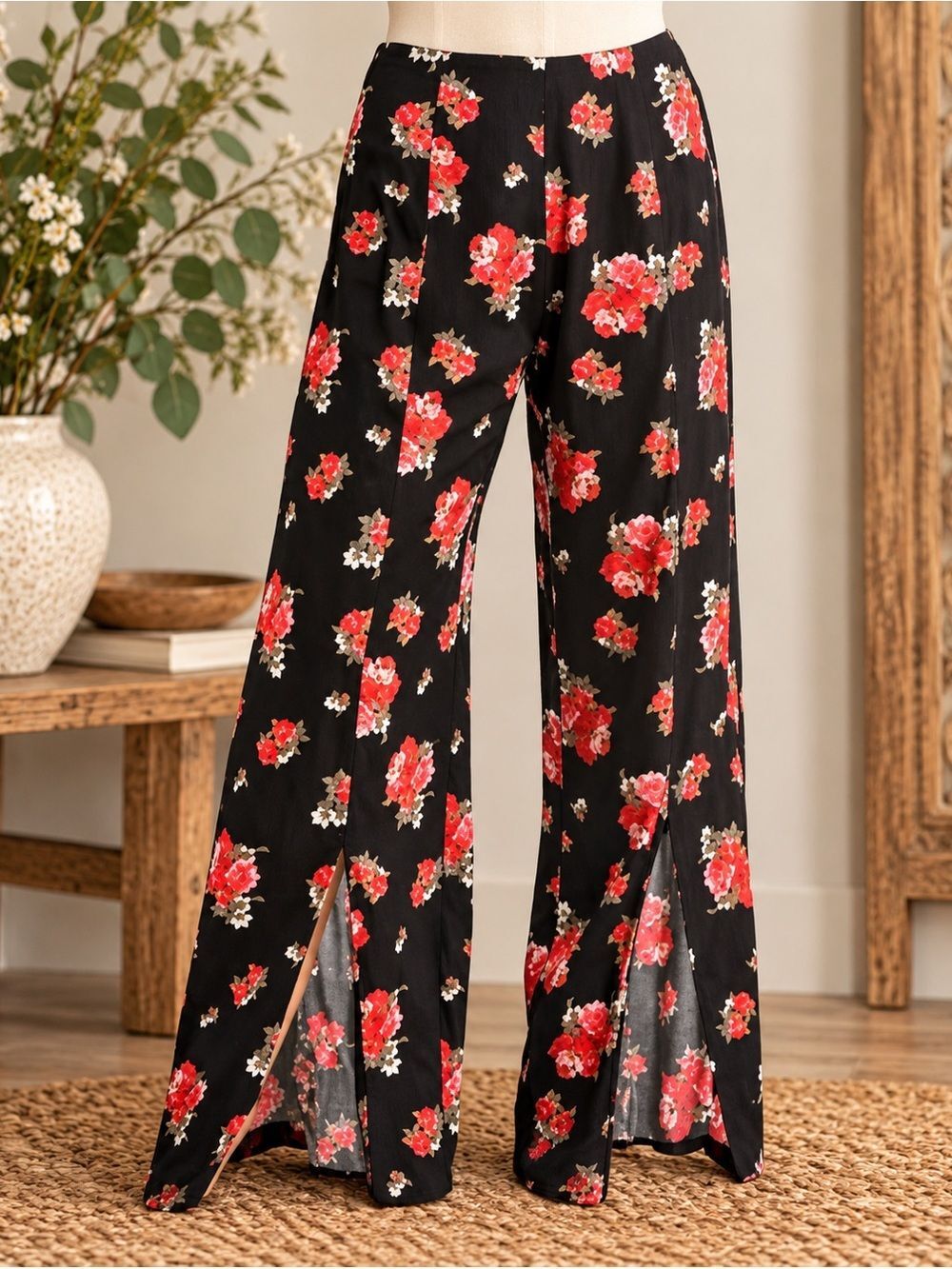 Rock & Roll Cowgirl Black Floral Wide-Leg Palazzo Pants Sz S